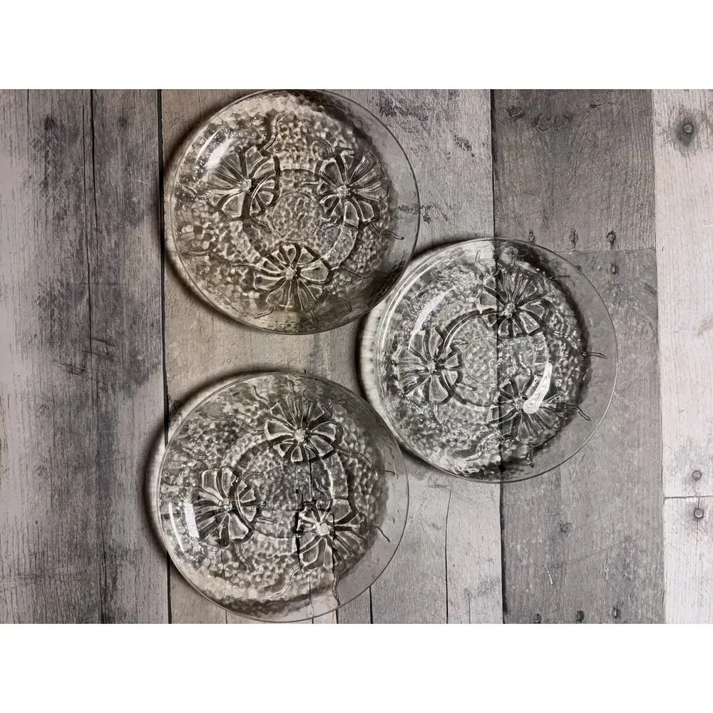 Set of 3 VINTAGE PRESSED GLASS SNACK PLATES ANCHOR HOCKING RAINFLOWER PATTERN!